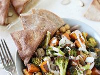 Cozy and comforting, these roasted sweet potato, broccoli and chickpea bowls are a perfect healthy dinner recipe! With crunchy pita chips and a cinnamon tahini drizzle!