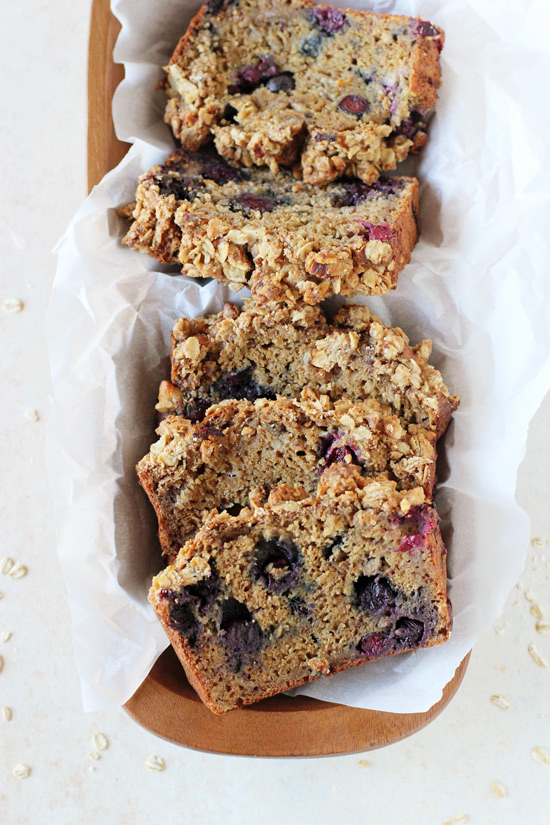 A wooden tray filled with slices of Healthy Blueberry Banana Bread.