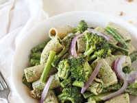 Just 35 minutes to get this easy spring green pesto pasta on the table! With a flavorful kale spinach pesto, whole wheat pasta and roasted asparagus and broccoli!