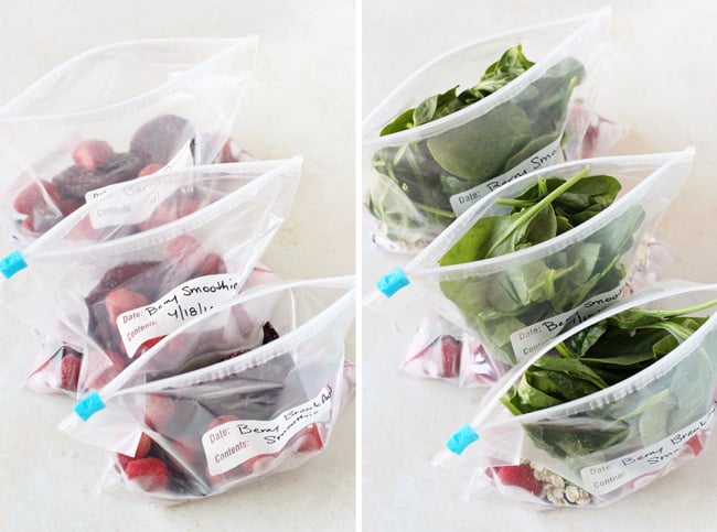 Two photos of Freezer Smoothie Packs - one with just berries and another with berries plus spinach.