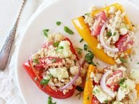 Easy and healthy vegetarian greek stuffed peppers! Filled with tomatoes, cucumber, red onion and feta! Light and packed with freshness!