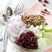 This cranberry pecan cucumber salad is a fresh and simple side dish for fall! Ready in 10 minutes and topped with crumbled goat cheese!