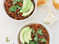 Hearty and healthy, vegetarian pumpkin lentil chili! Filled with warm spices, lentils, beans and veggies! Freezer-friendly and wonderfully cozy!