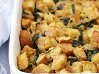 Cozy caramelized onion and spinach stuffing! With sourdough bread and oh-so-flavorful caramelized onions. A fun twist on classic stuffing for the holidays!