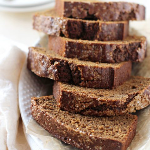 Moist and fluffy healthy maple gingerbread loaf! With whole wheat flour, applesauce and plenty of warm spice! Perfect for snacking or dessert!