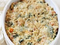 Comforting sweet potato and kale brown rice casserole! Made with greek yogurt and some cheese, it’s a lighter casserole with no cream of anything soup!