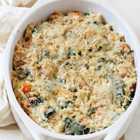Comforting sweet potato and kale brown rice casserole! Made with greek yogurt and some cheese, it’s a lighter casserole with no cream of anything soup!