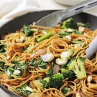 This spring vegetable lo mein is a healthy version of a classic take-out dish! Quick, easy and packed with plenty of green veggies!