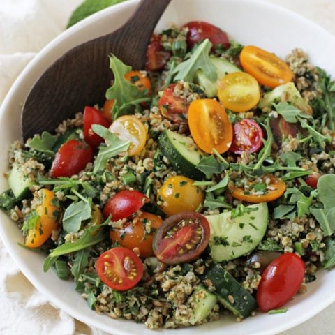 Healthy & satisfying, this pesto tabbouleh summer salad is perfect for the season! With flavorful pesto, cherry tomatoes and crisp cucumber!