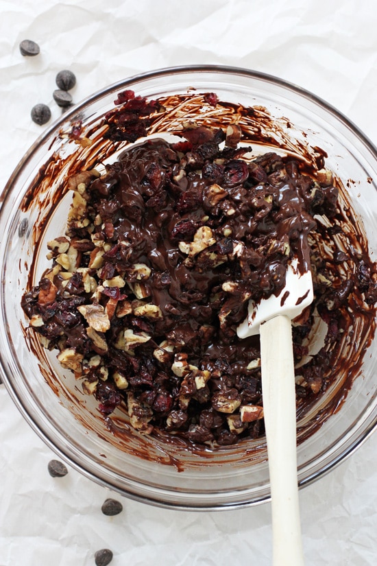 A bowl of dark chocolate mixed with nuts and dried fruit.