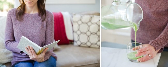 A woman sitting on a couch and then pouring a smoothie into a glass.