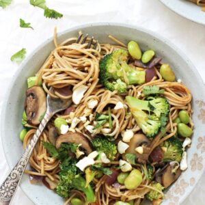 This easy spicy soba noodle vegetable stir-fry is a perfect weeknight dinner! 35 minutes, packed with veggies and an easy homemade sauce! Vegan & gluten free!