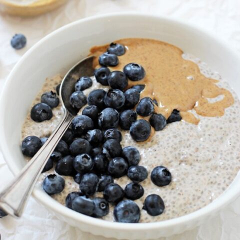 Super easy and healthy blueberry almond butter chia pudding! With dreamy vanilla and almond butter blended right into the base, this pudding can’t be beat! Vegan & gluten free!