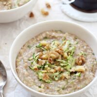Perfectly creamy zucchini bread steel cut oatmeal! This healthy breakfast is filled with rich vanilla, warm cinnamon and shredded zucchini! Vegan and gluten free!