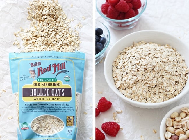 A bag of Bob's Red Mill rolled oats spilled onto parchment paper and a photo of oats, berries and peanuts in small bowls.