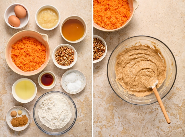 Ingredients for carrot cake in small bowls and then mixed batter in a large bowl.