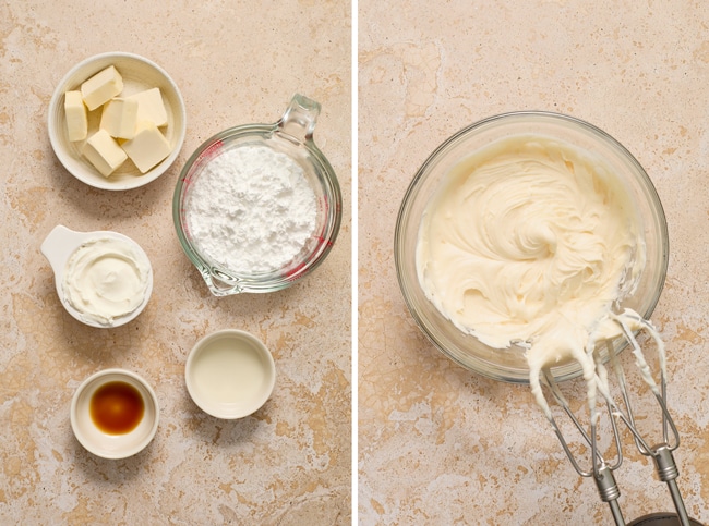 Ingredients for cream cheese frosting in small bowls and then finished frosting in a large bowl.