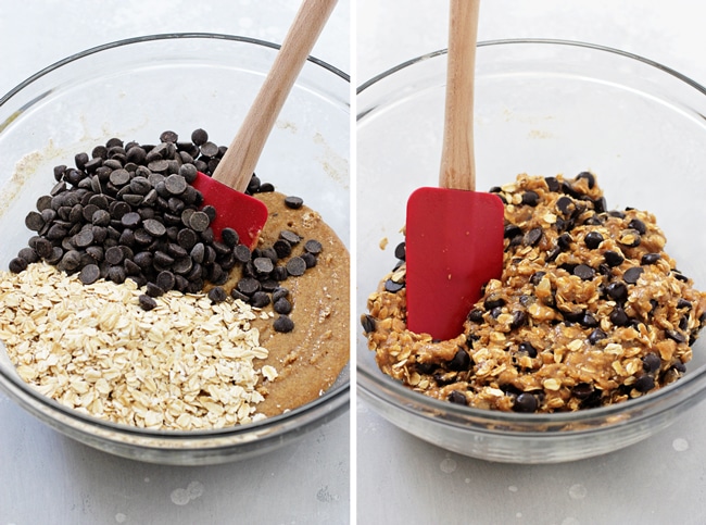 A glass bowl filled with cookie ingredients and then the same bowl with the dough all mixed together.