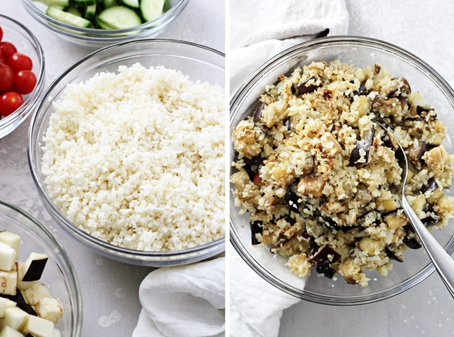 Riced cauliflower in a glass bowl, then a bowl filled with cooked cauliflower rice and eggplant.