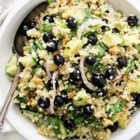 Packed with fresh blueberries, crunchy cucumber, dreamy avocado and fresh basil, this blueberry quinoa salad is perfect for lazy summer days! Easy, healthy and quick to pull together, it’s finished with a creamy lemon vinaigrette! Vegan and gluten free!