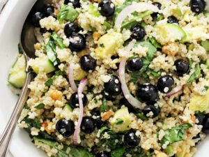 Packed with fresh blueberries, crunchy cucumber, dreamy avocado and fresh basil, this blueberry quinoa salad is perfect for lazy summer days! Easy, healthy and quick to pull together, it’s finished with a creamy lemon vinaigrette! Vegan and gluten free!