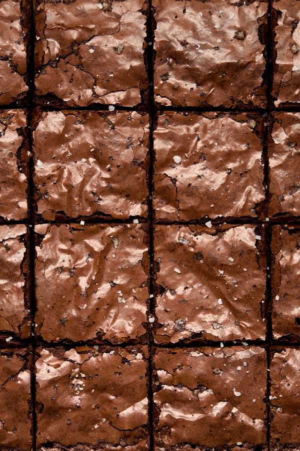 Sliced close together squares of Dairy Free Fudgy Brownies.