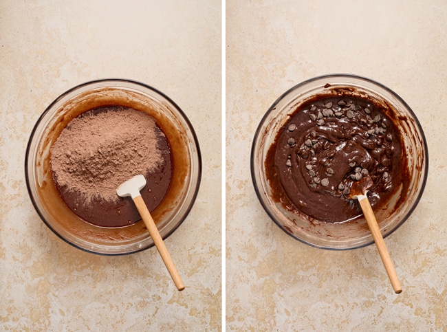 Brownie batter partially and then fully mixed in a glass bowl.