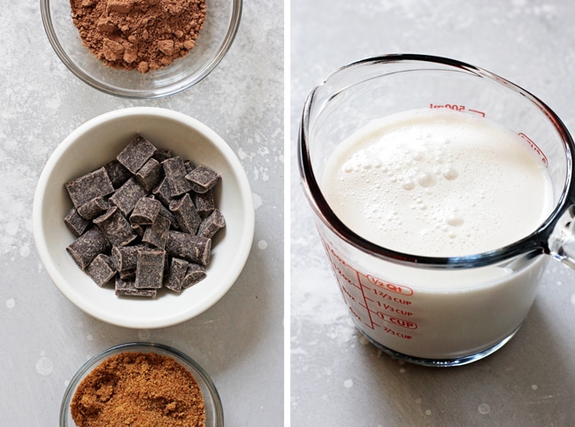 Chocolate chips, cocoa powder, sugar and almond milk in glass bowls.
