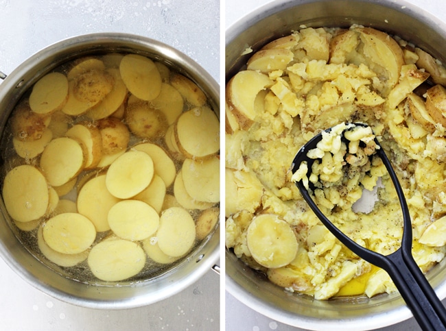 A stockpot filled with sliced yukon potatoes and then partially mashed potatoes.