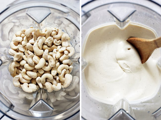 Raw cashews in a blender and then processed until smooth.