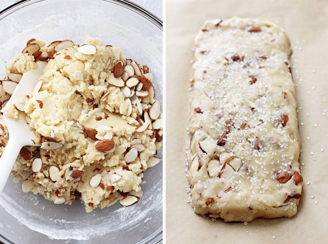 Cookie dough in a glass bowl and then the dough pressed into a log.