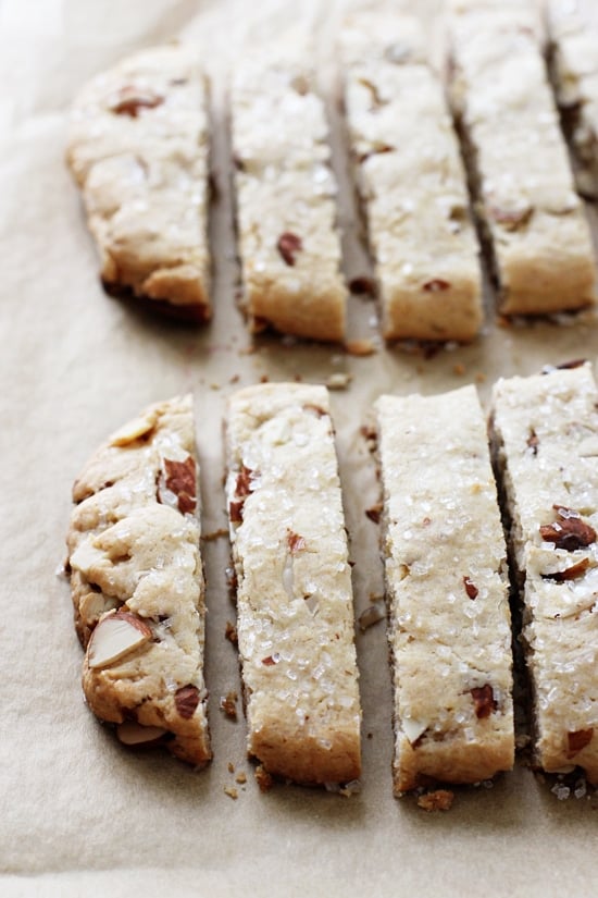 Sliced up Vegan Biscotti on a baking sheet.