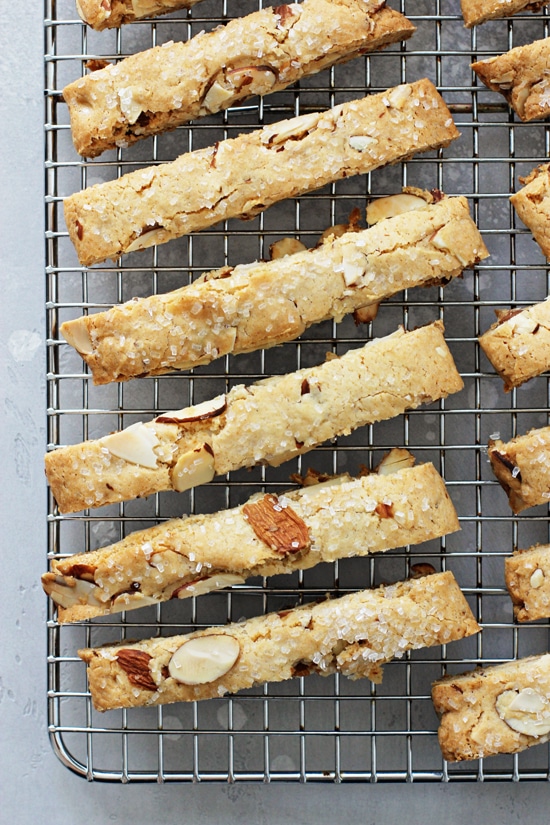 Vanilla Almond Biscotti on a wire cooling rack.