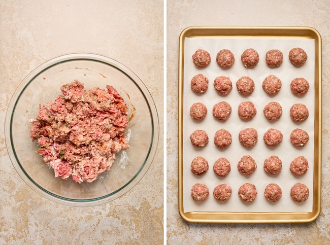 Uncooked meatball mixture in a glass bowl and then formed into balls.