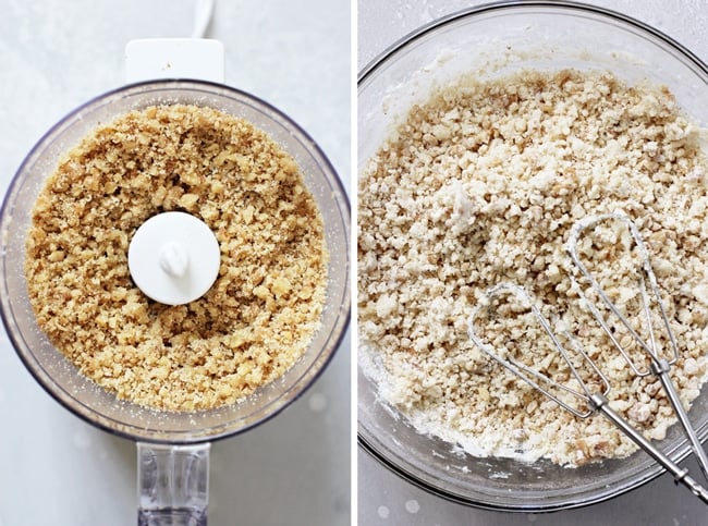 Ground walnuts in a food processor and then cookie dough in a glass mixing bowl.