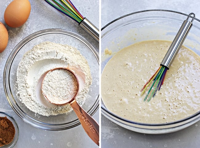 Flour in a glass mixing bowl and then waffle batter mixed together in the bowl.