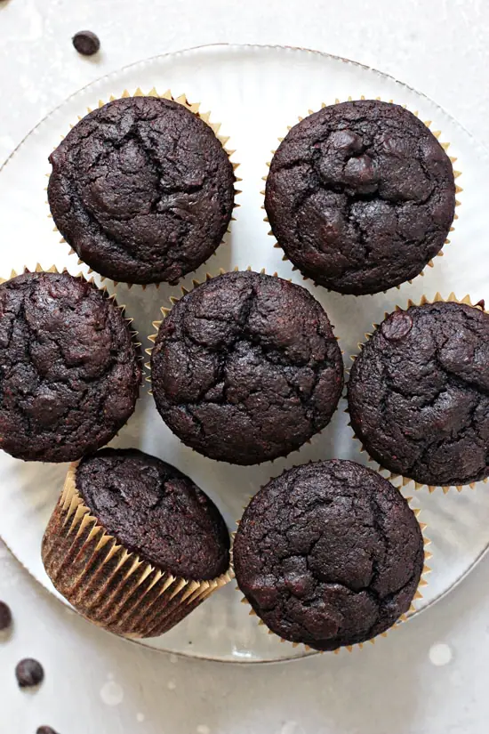 A white plate filled with Dairy Free Chocolate Muffins.