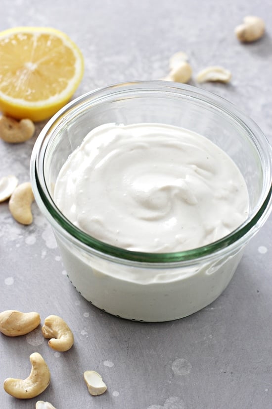 A glass jar filled with Dairy Free Sour Cream.