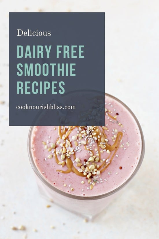 A strawberry smoothie in a glass with a Dairy Free Smoothie text overlay.