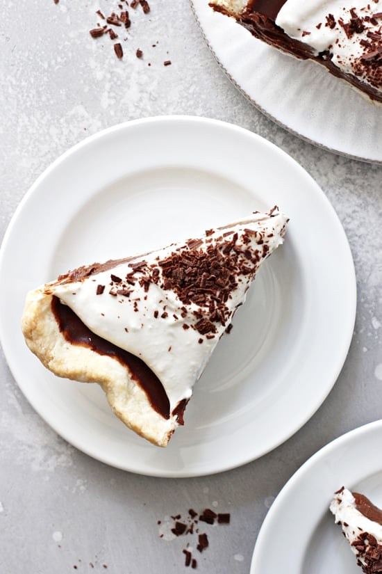 Three slices of Dairy Free Chocolate Pie on white plates.