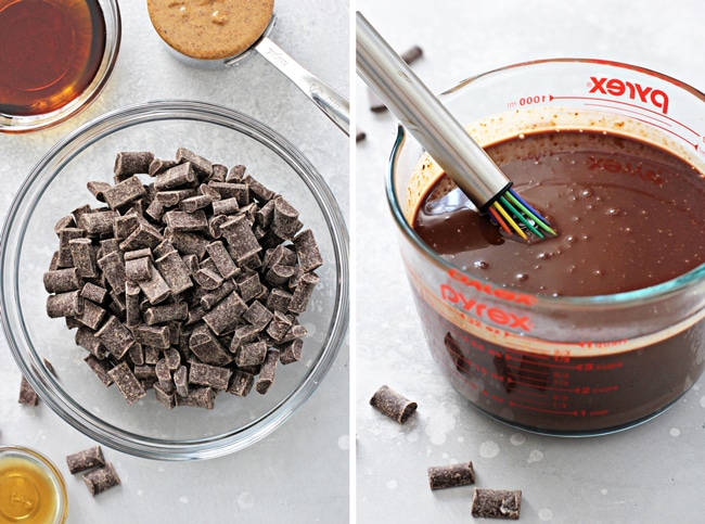 Chocolate chunks in a glass bowl and then melted chocolate in a measuring cup.