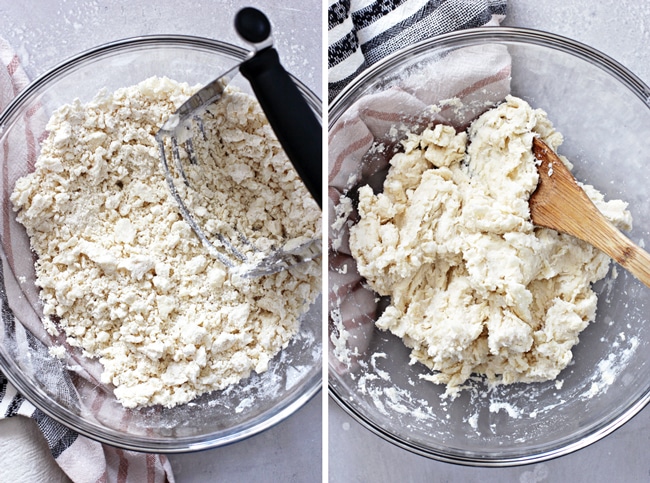 Pie dough in a glass mixing bowl.