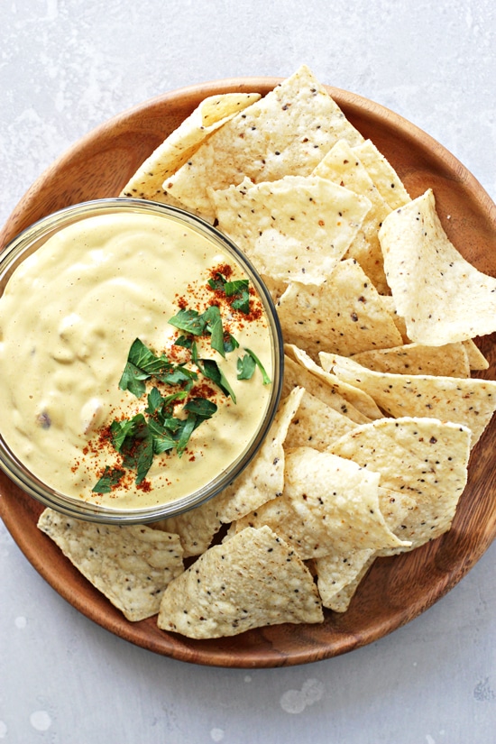 Dairy Free Nacho Cheese on a platter with chips.