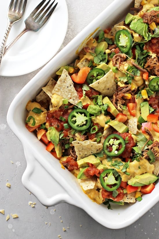 A white baking dish filled with Dairy Free Nachos.