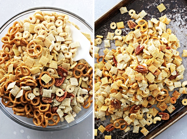 Unbaked chex mix in a glass bowl and then on a baking sheet.