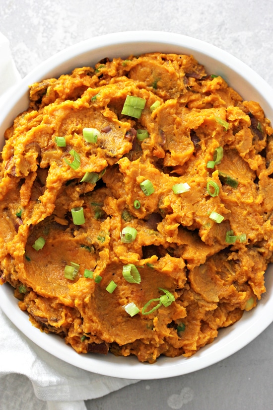 A bowl filled with Non Dairy Mashed Sweet Potatoes.
