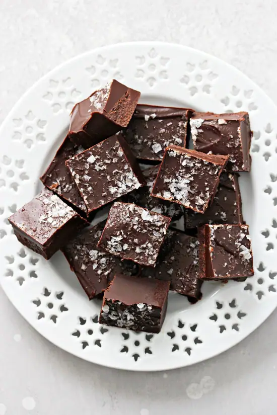 A white plate filled with Dairy Free Fudge.