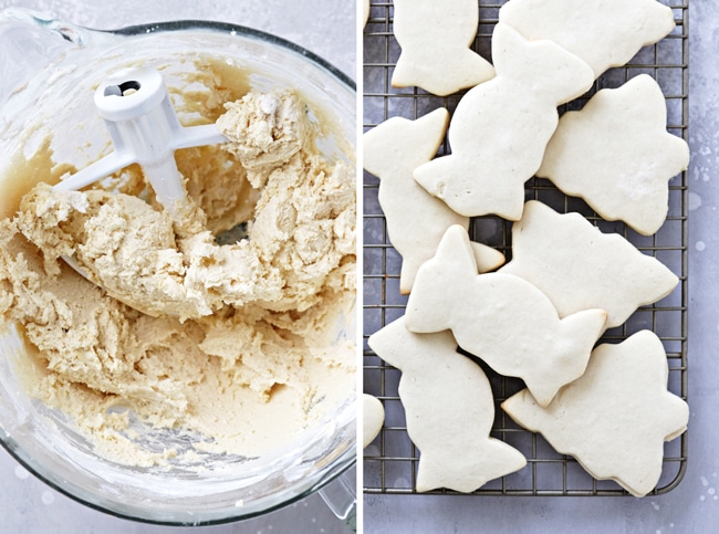 Cookie dough in a mixing bowl and then undecorated sugar cookies.