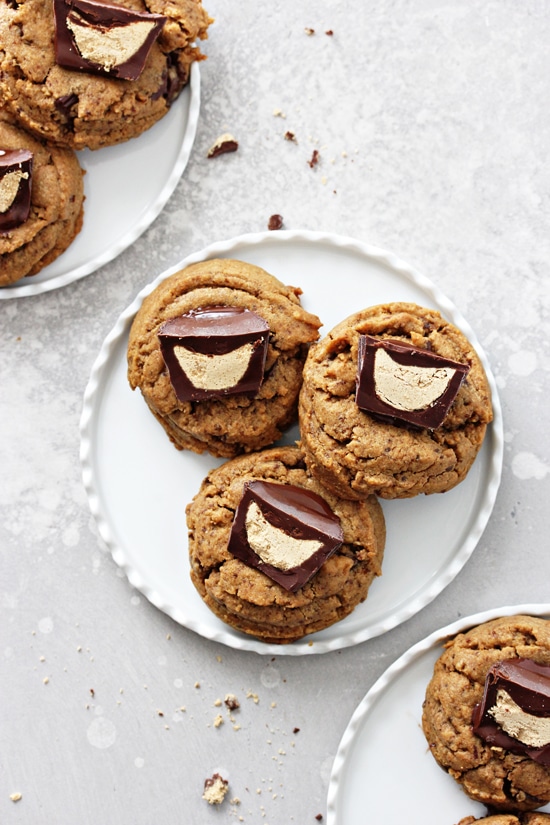 Dairy Free Peanut Butter Cup Cookies on small white plates.