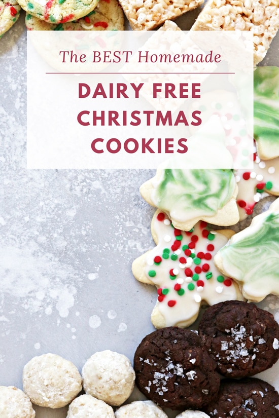 Dairy Free Christmas Cookies on a grey background with text overlay.